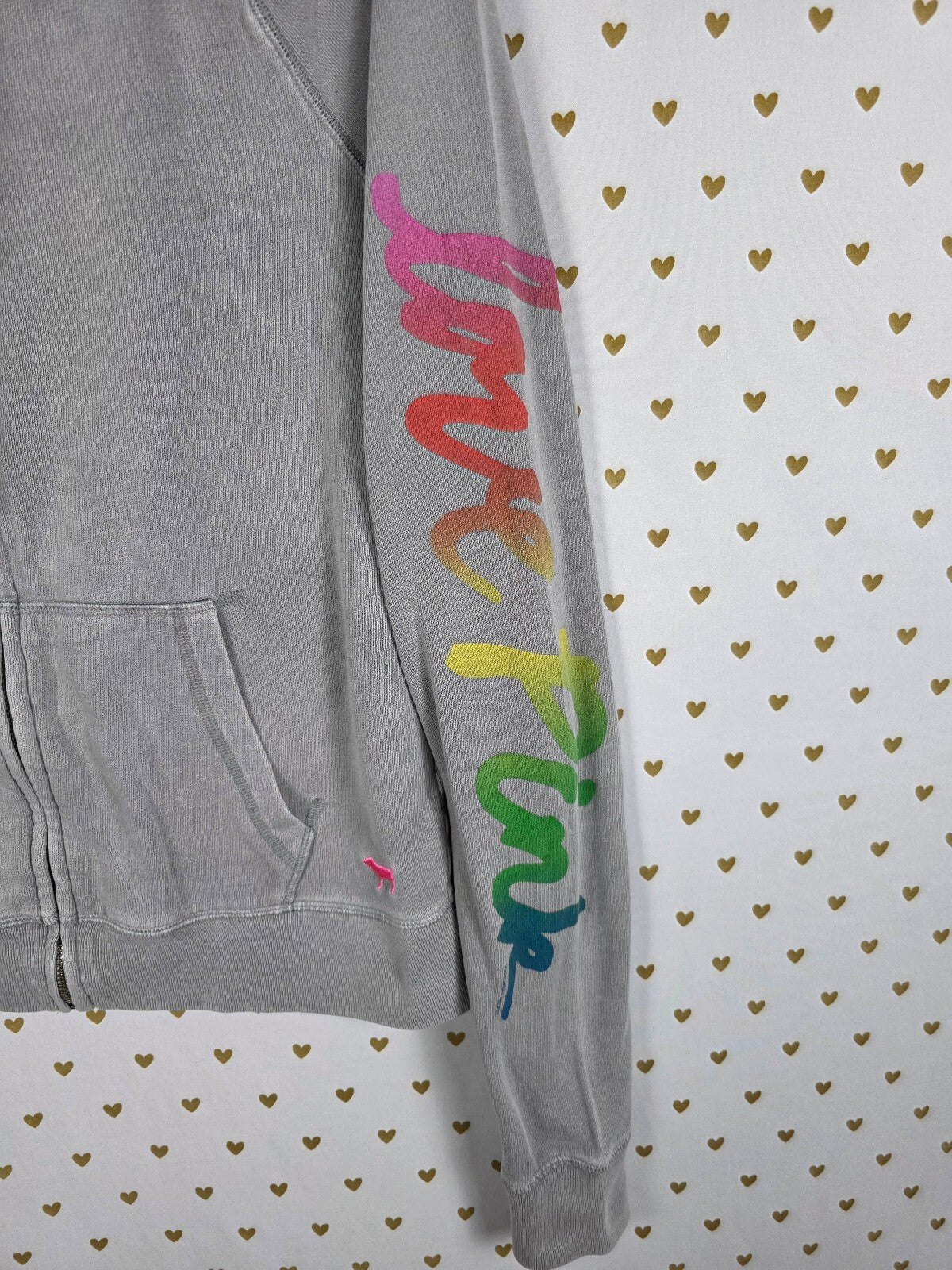 Victorias Secret Pink Rainbow Full Zip grey Hoodie Sweater Logo LOVE MEDIUM Y2k