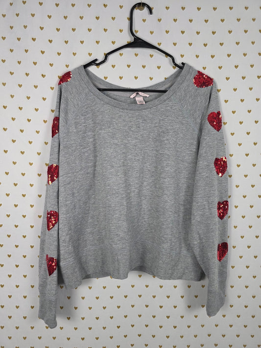 Victorias Secret Pink BLING Sequined HEARTS Sweater Shirt Super Soft Grey XL