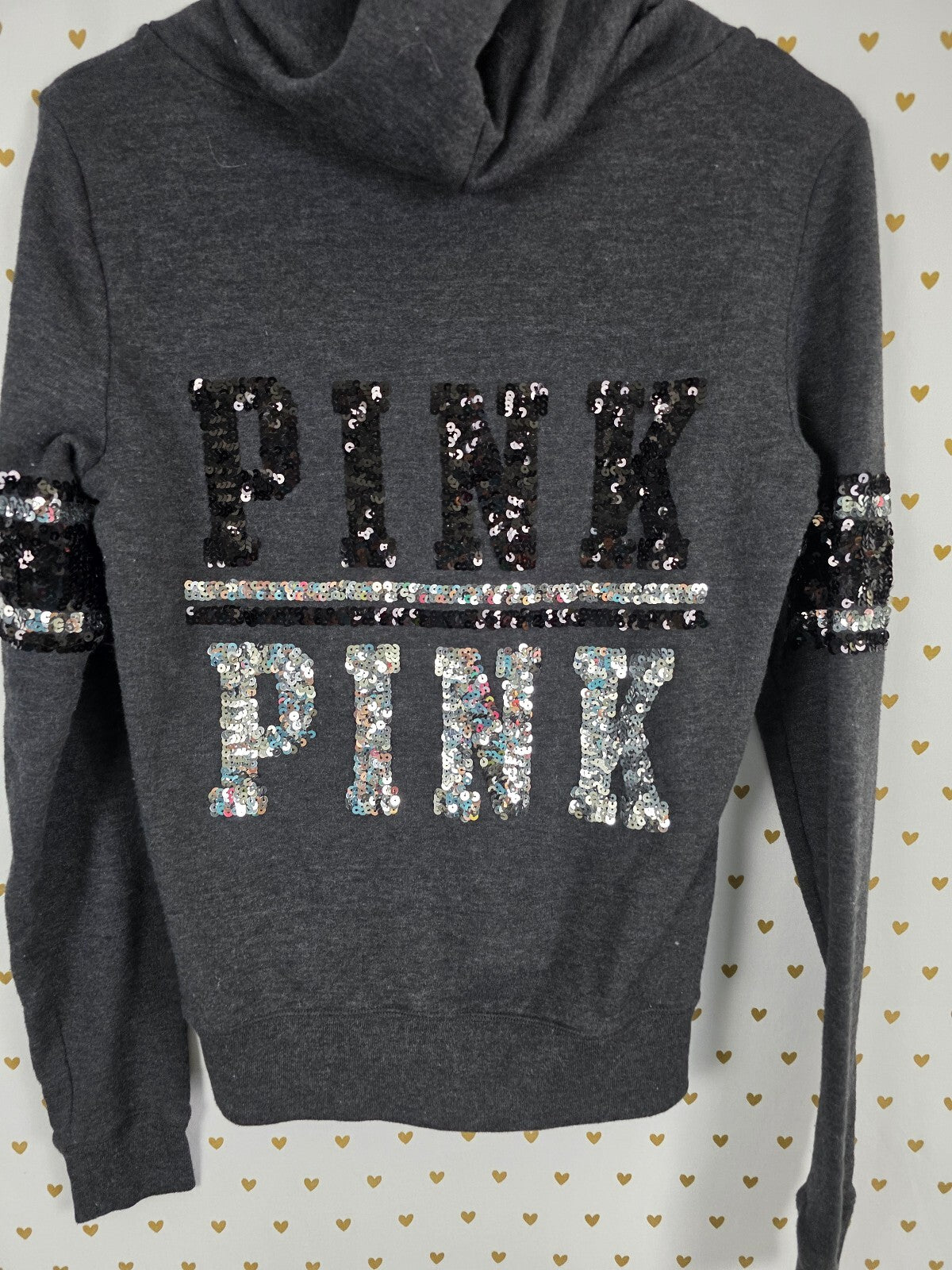 Victorias Secret Pink Bling Sequined Logo Full zip Hoodie Jacket Grey XS
