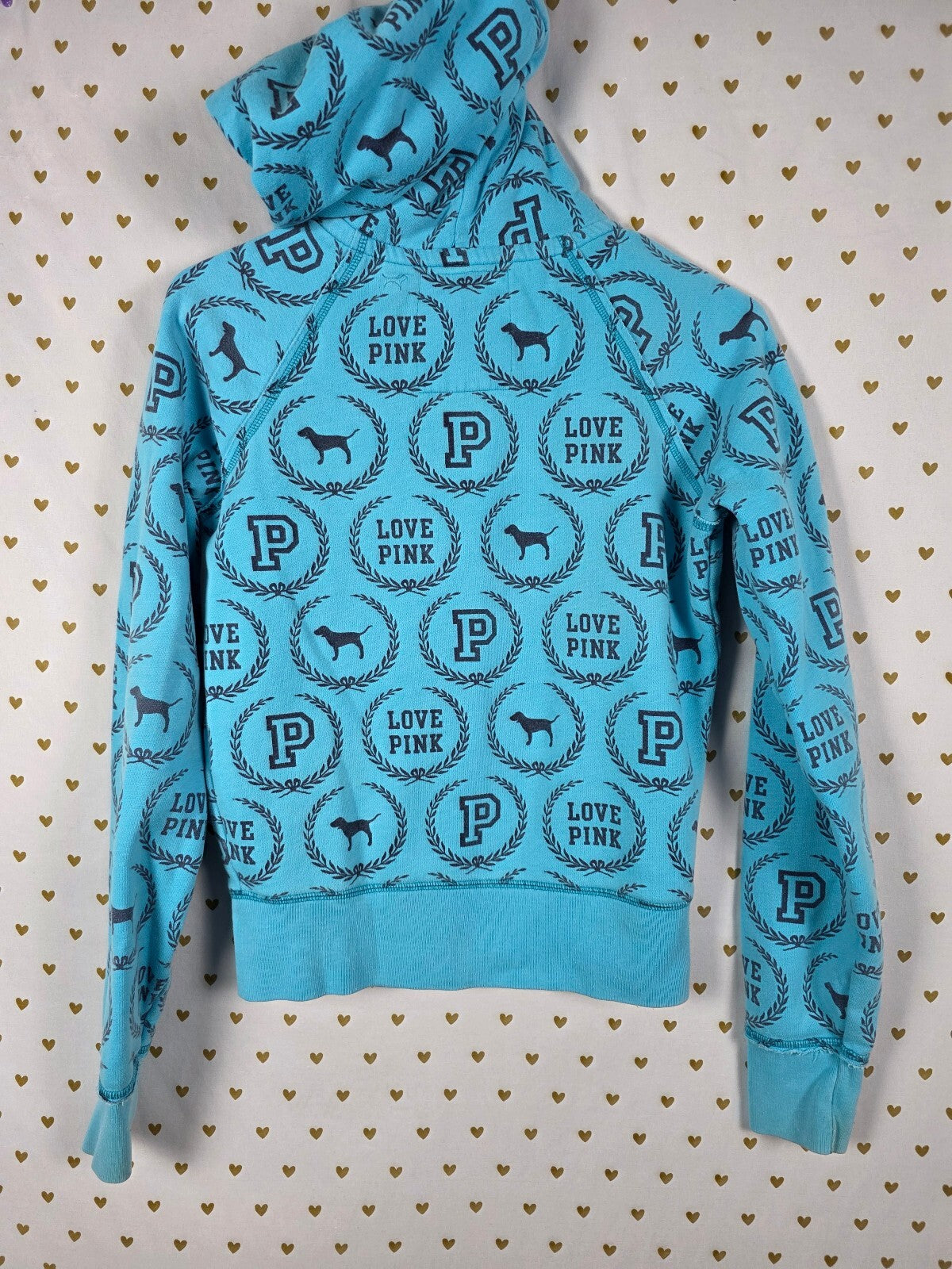 Victoria's Secret PINK Hoodie Full Zip Blue All Over Print Dog Logo Small