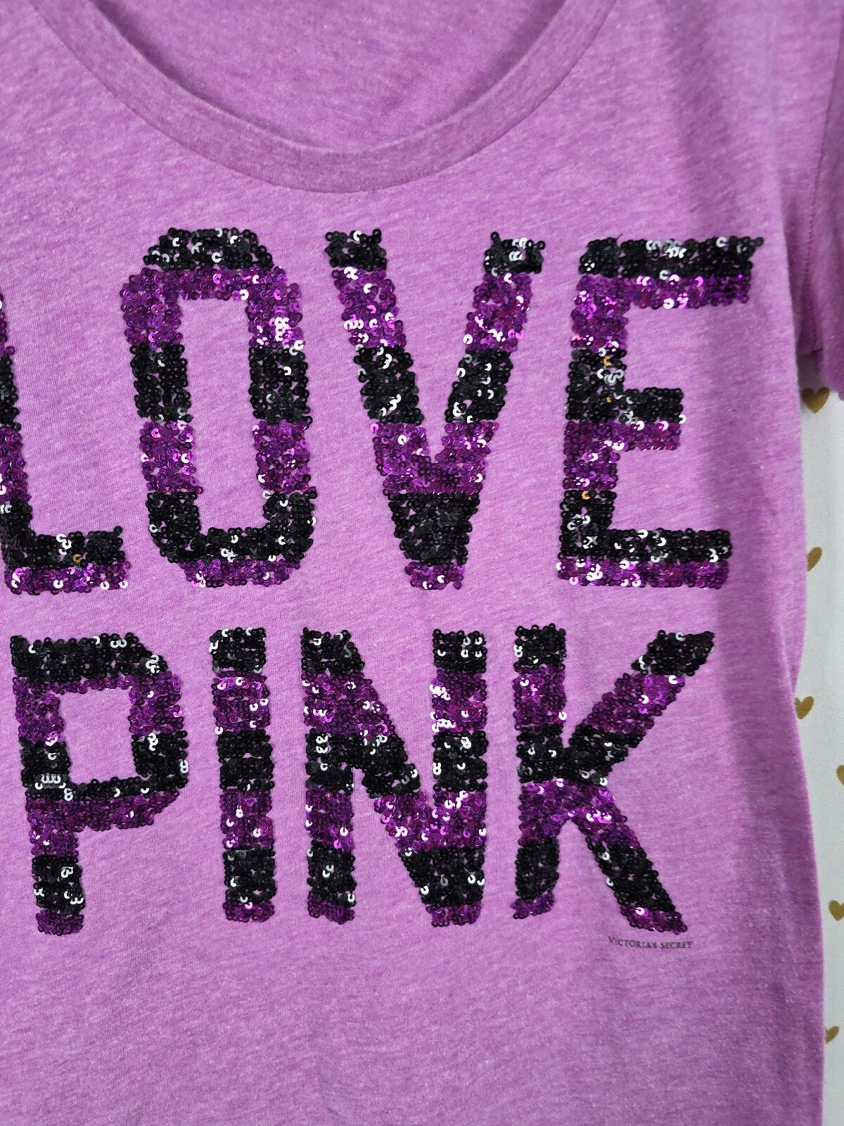 Victorias Secret PINK LOVE BLING Sequined Stripe Purple Vintage Tee shirt y2k M