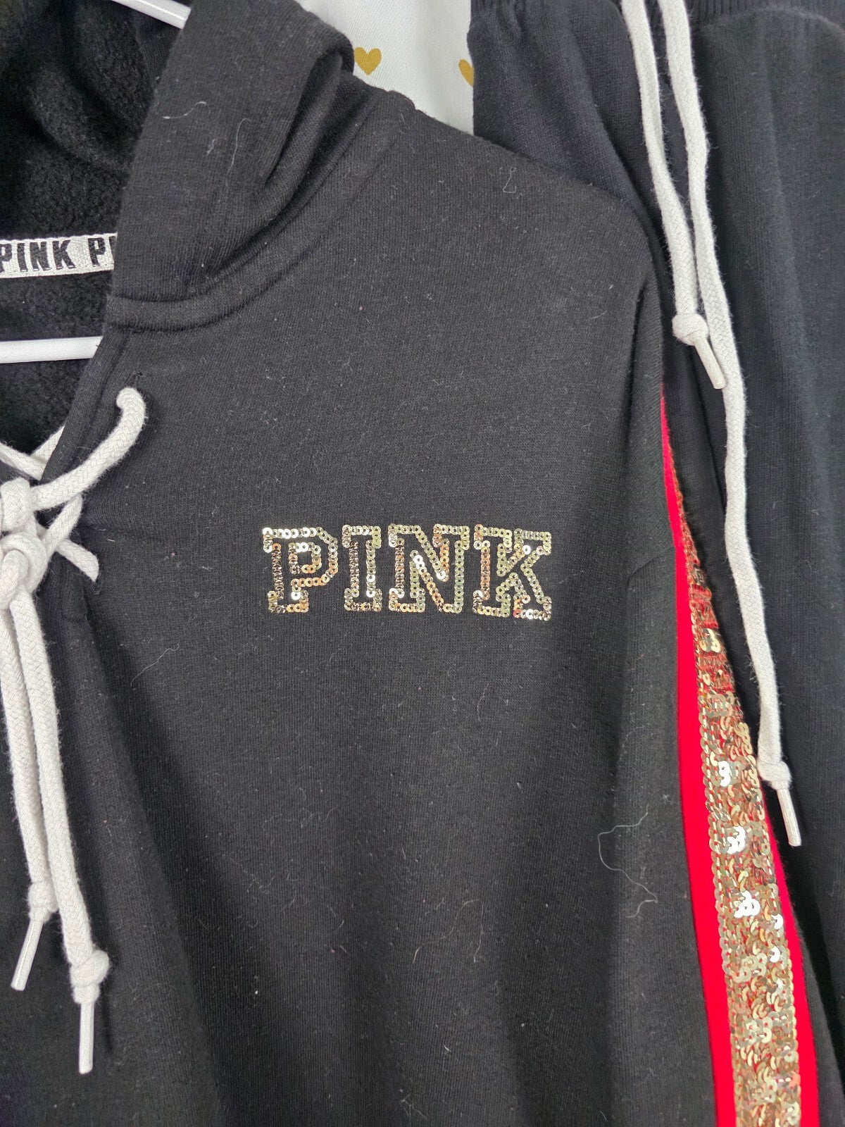 Victorias Secret Pink Rose BLING Set Sweats Pullover Hooded Sweater Sequined Med