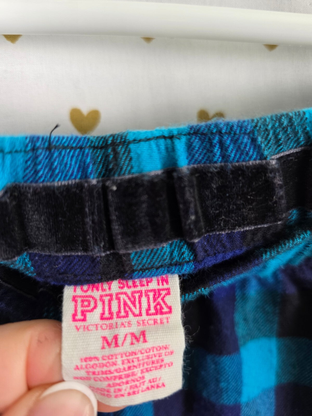 Victorias Secret PINK Plaid BLING Blue Sequined Med Sleep Pants Pajama PJ Bottom