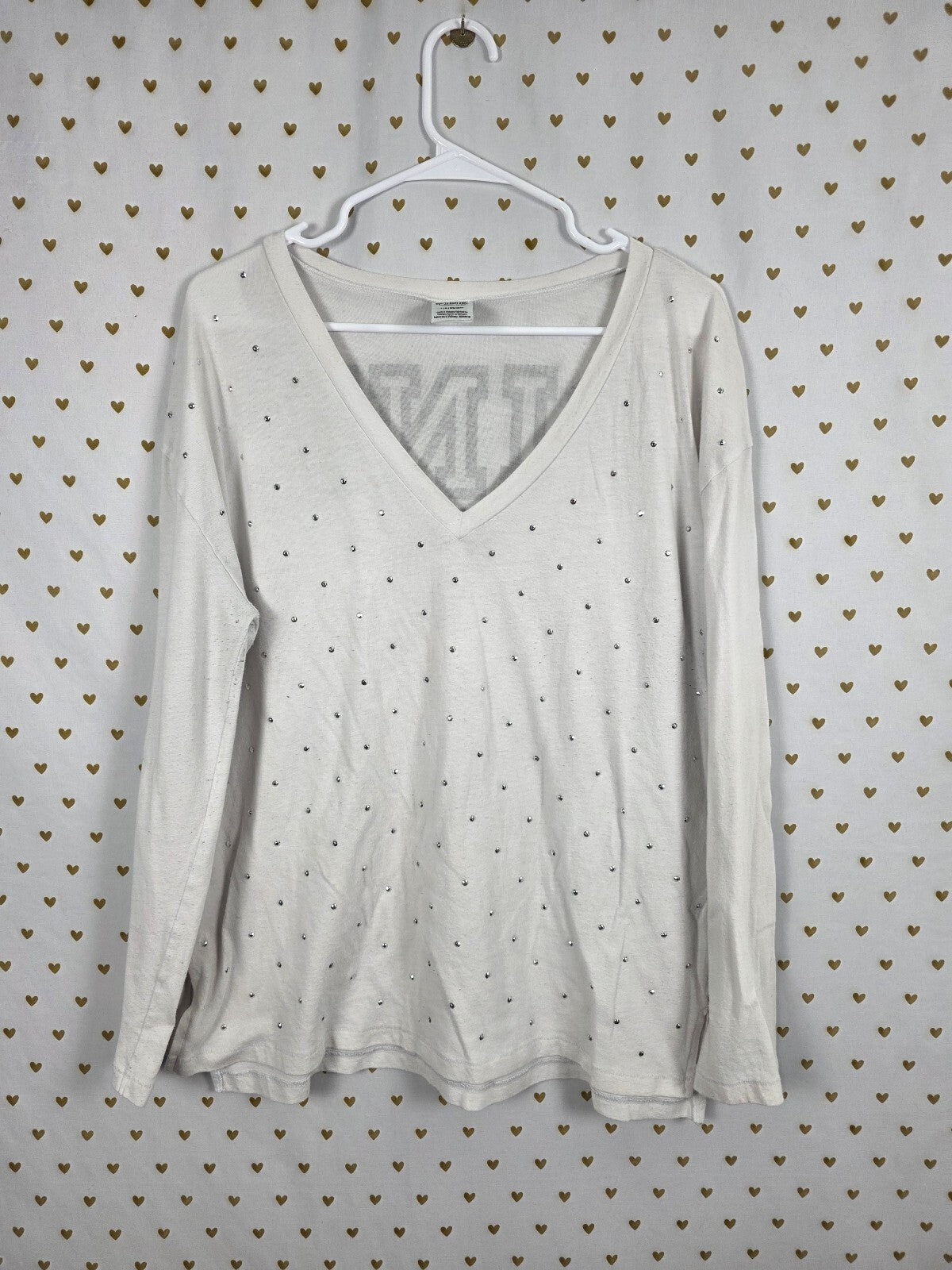 Victorias Secret PINK Bling Studded V neck Long sleeve Rhinestone Tee shirt L