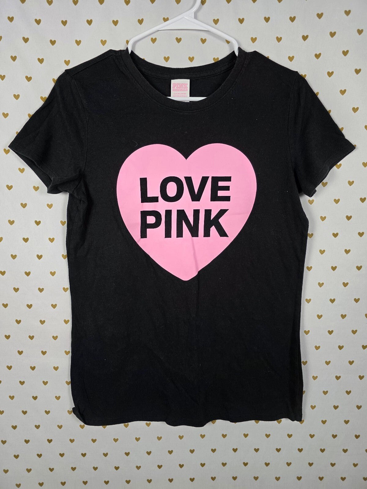 Victorias Secret PINK LOVE Heart Logo Campus Originals Black Tee shirt SMALL