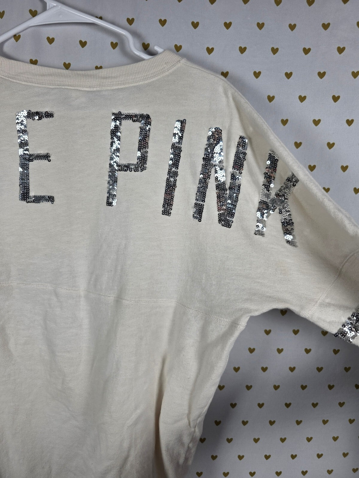 Victorias Secret PINK Cream Love Sequined Bling Sweater Shirt Small