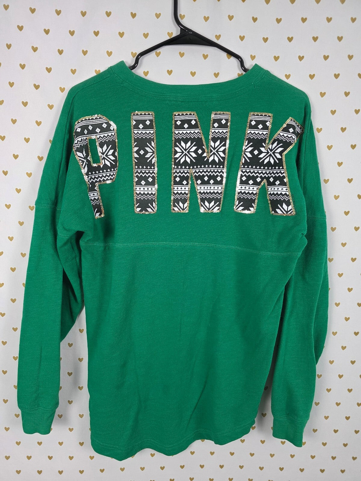 Victorias Secret PINK Green Campus BLING Dog Logo Tee shirt XS Oversized