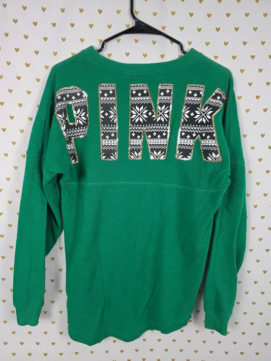 Victorias Secret PINK Green Campus BLING Dog Logo Tee shirt XS Oversized