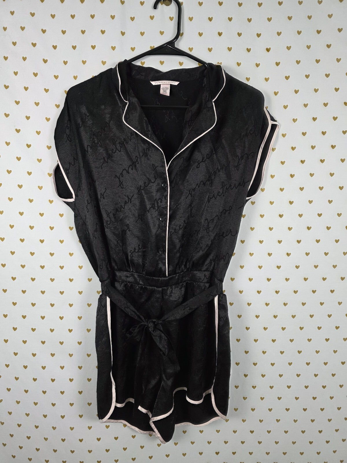 Victorias Secret Black Satin logo Sleep ROMPER one Piece Pajamas SMALL