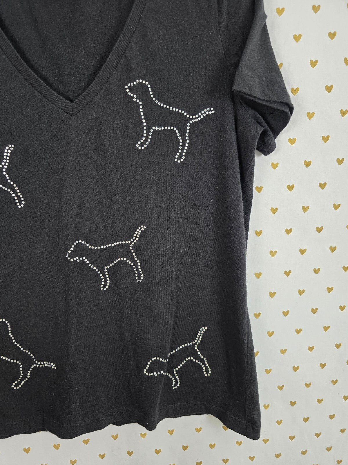 Victorias Secret PINK Bling Dogs Studded V neck Black Tee shirt Large