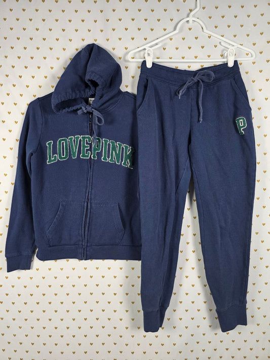 Victorias Secret PINK Embroidered Hoodie Jacket Sweatpants SET XS Blue 2pc