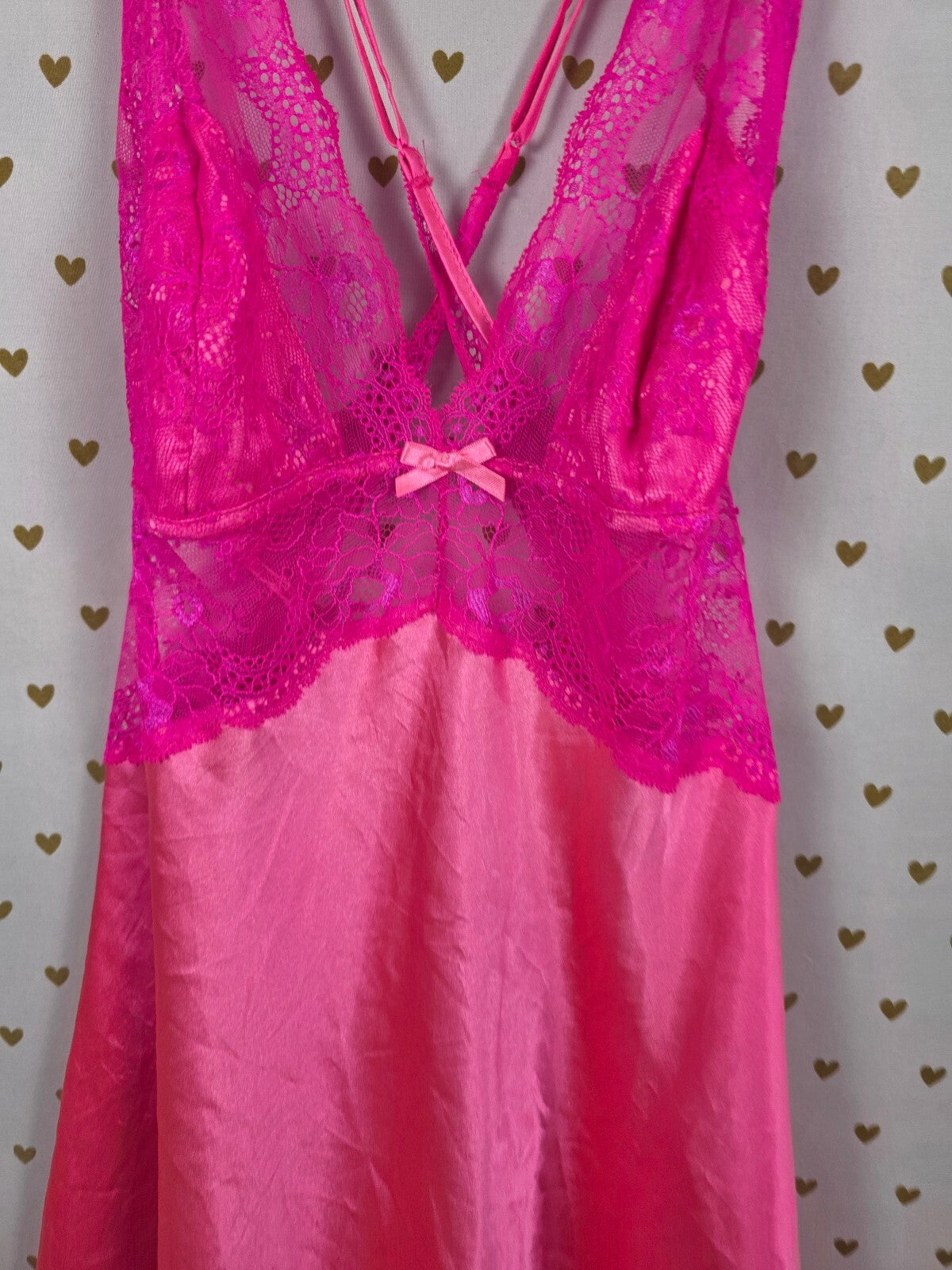 Victorias Secret Hot Pink Satin Slip Dress NIghtie Lingerie Lace Medium