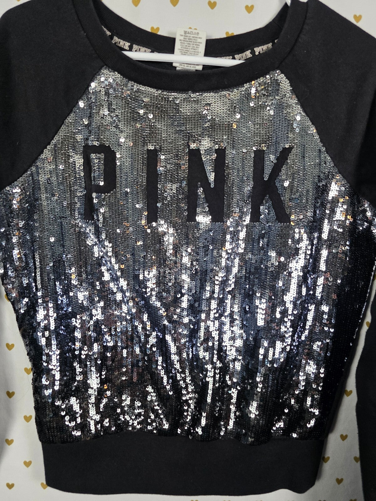 Victorias Secret Pink Full Bling Logo raglan Sequined Sweater Crew Small