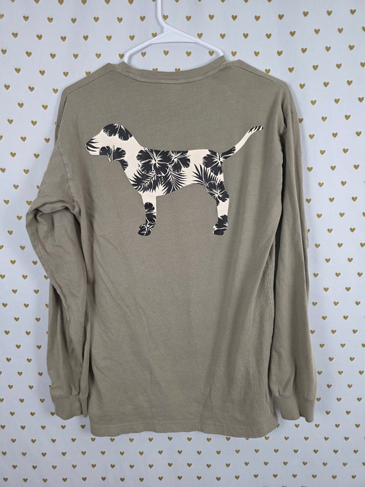 Victorias Secret PINK Hawaiian Hibiscus Dog Logo Tee shirt Long Sleeve XS