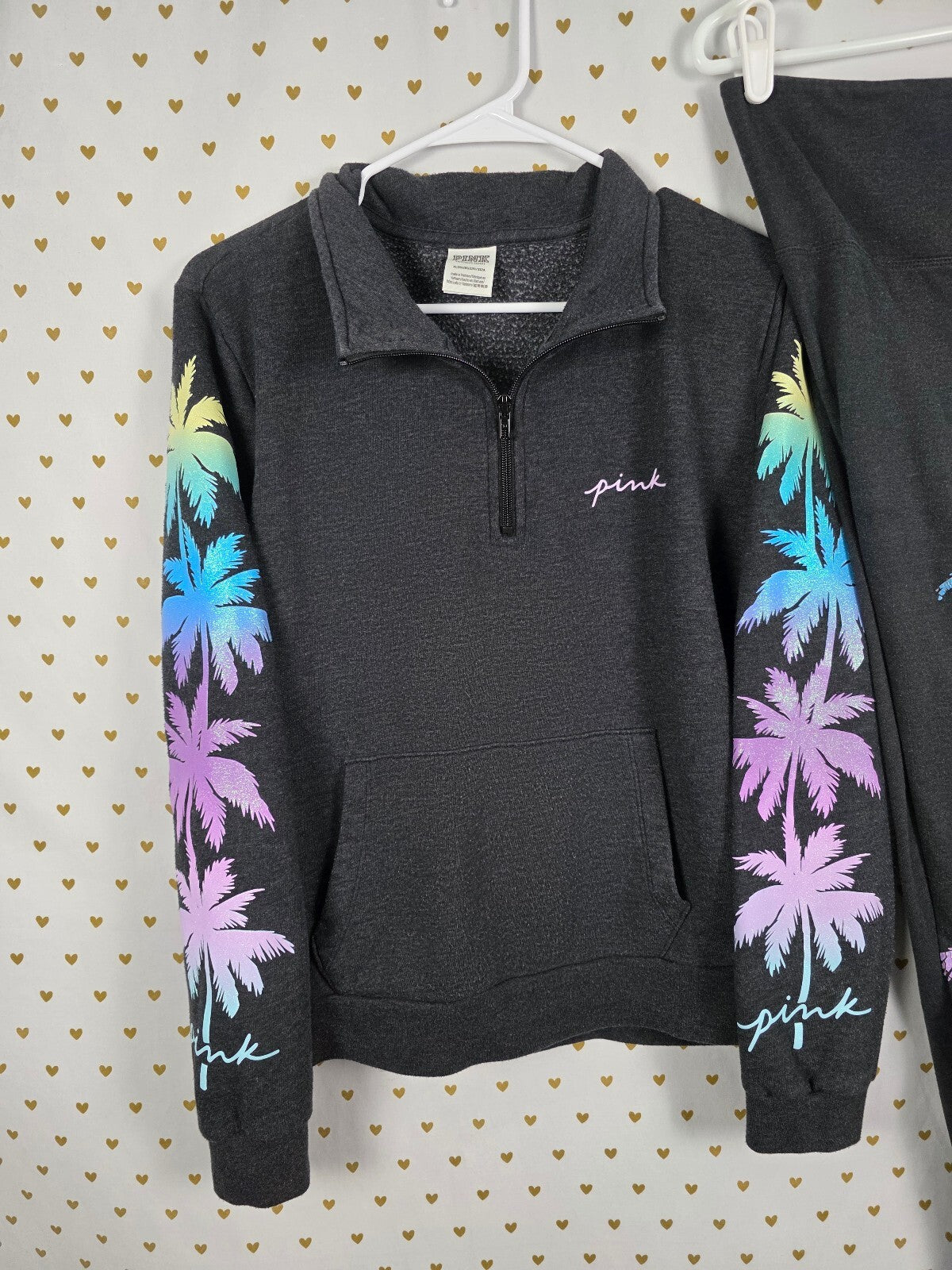 Victoria's Secret PINK Palm Tree 3PC Set Sweatshirt Leggings Shorts XL