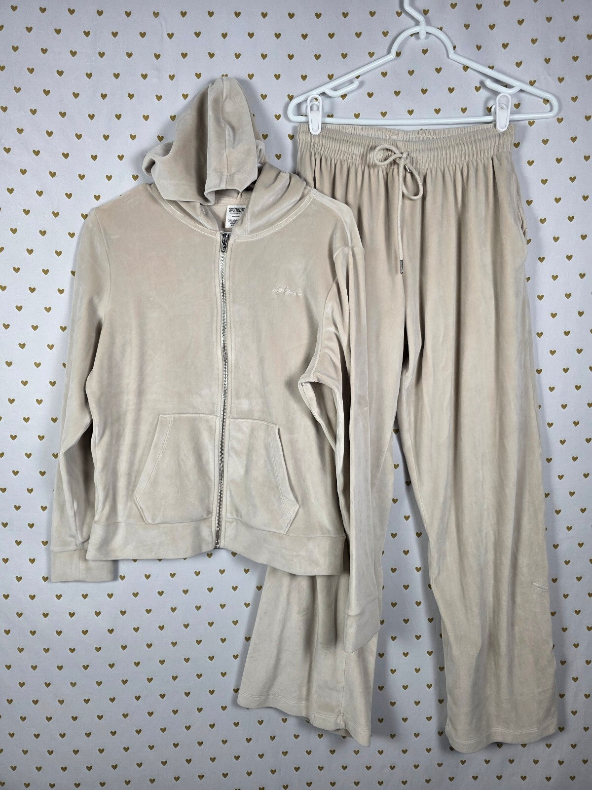 Victorias Secret Pink Beige Velour SET Hoodie Jacket Sweats Medium Outfit