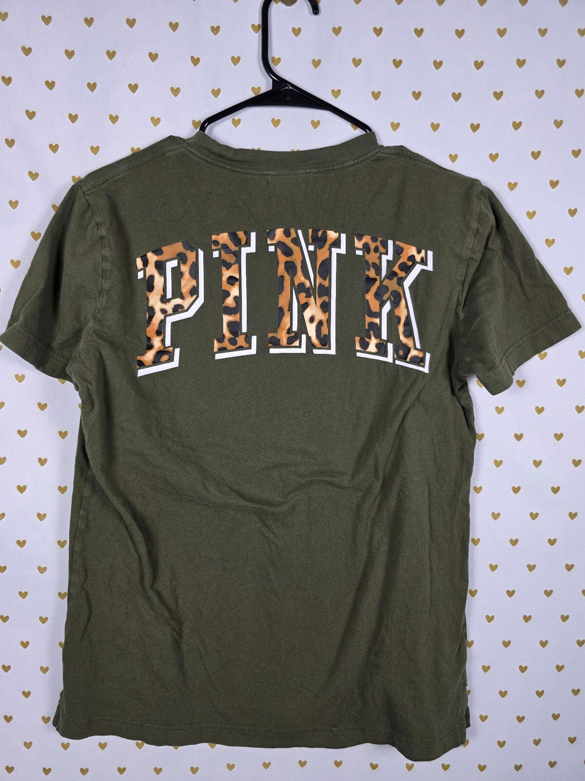 Victorias Secret PINK Leopard Cheetah Logo Green Pocket Tee shirt XS