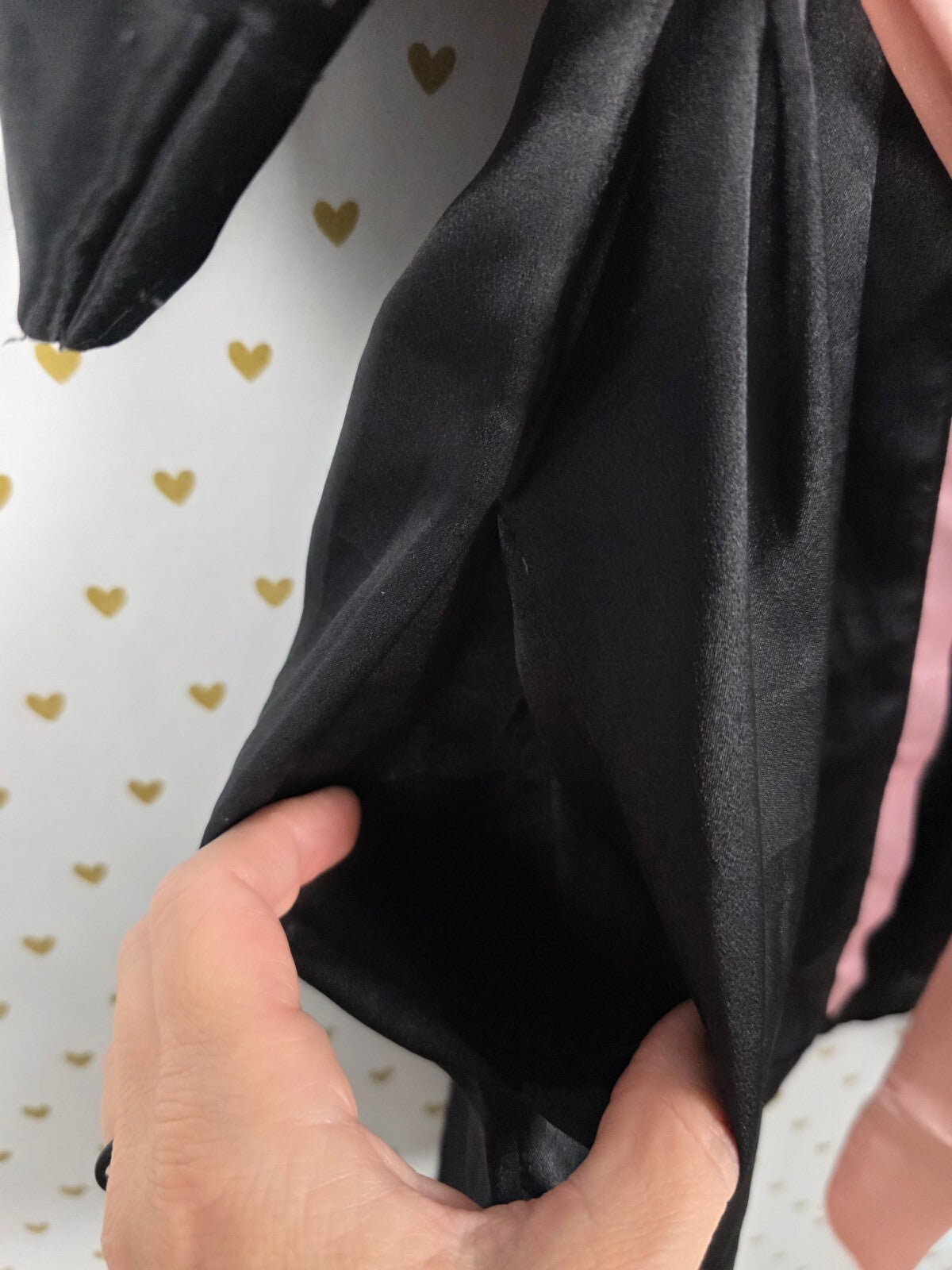 Victorias Secret Satin Silky Robe Black Pink Lounge Kimono Wrap Small Med pocket