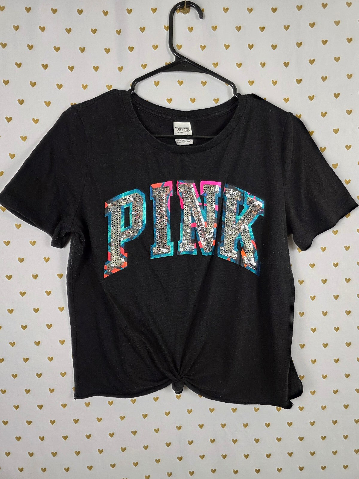 Victorias Secret PINK Rainbow Bling Sequined Cropped Black tee shirt Large