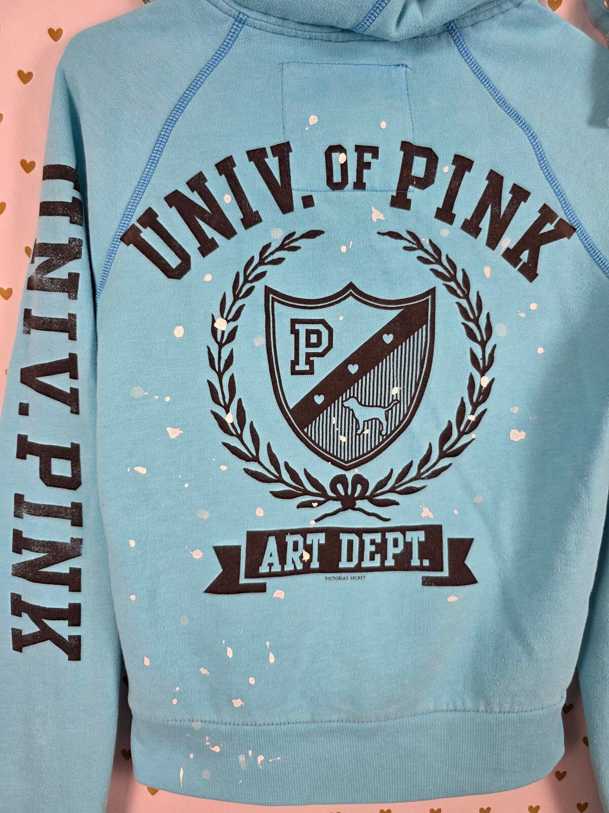 Vintage VS PINK Art Dept Hoodie Sweatpants Set XS Aqua Paint Splatter 1986