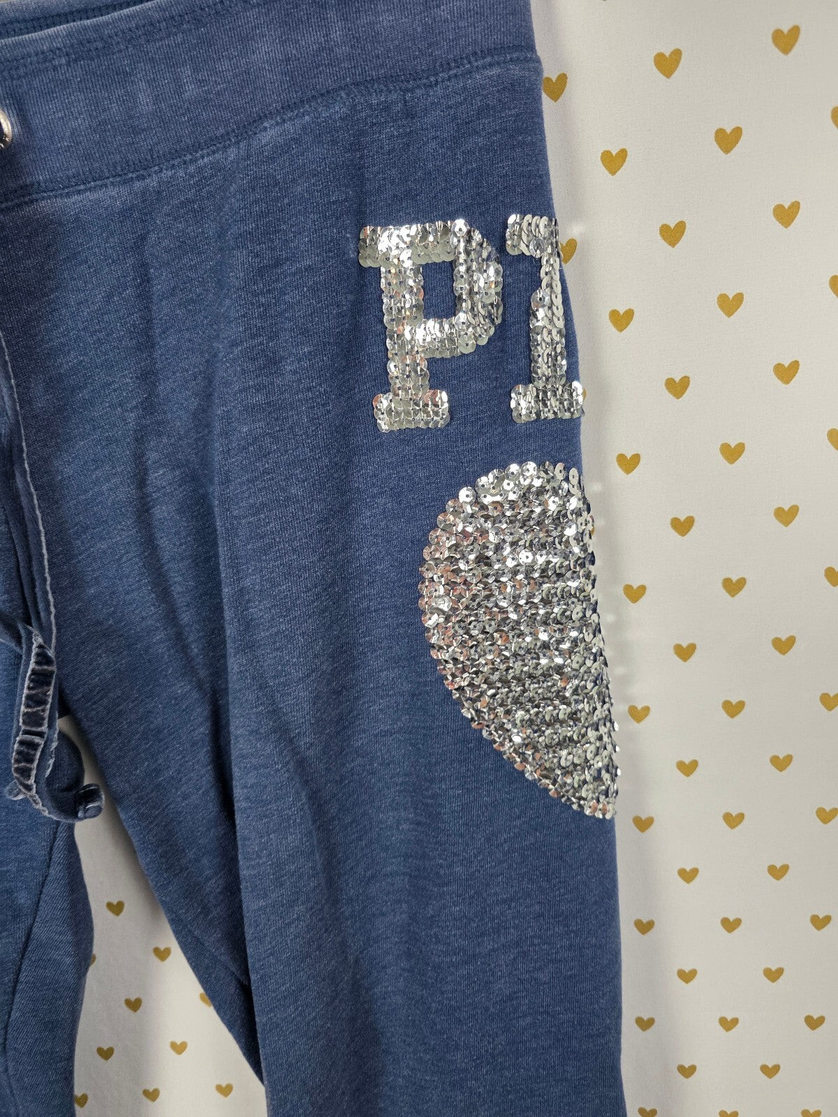 Victorias Secret PINK BLING vintage Sequin Heart Blue Joggers Sweats sweatpants