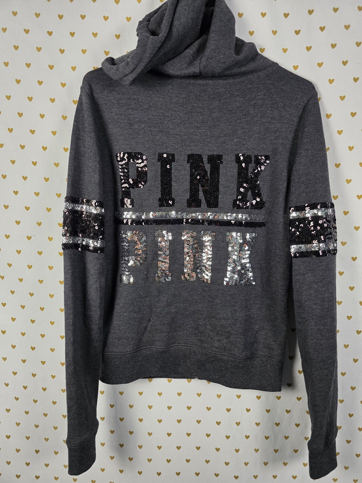 Victorias Secret Pink Bling NEW NWT Sequined Logo Hoodie Jacket Grey Small