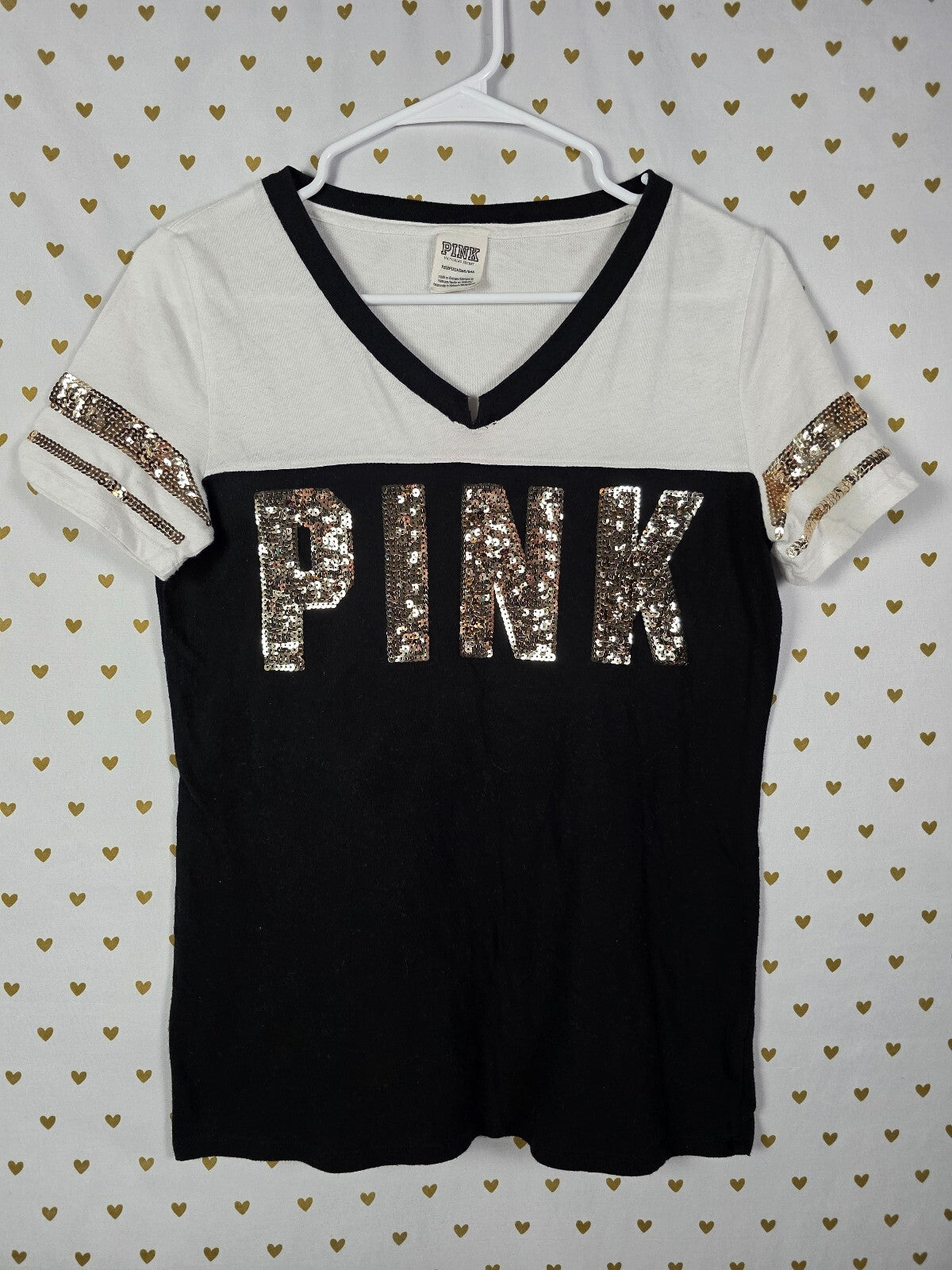 Victorias Secret PINK BLING V neck colorblock Gold Sequin Tee shirt XS