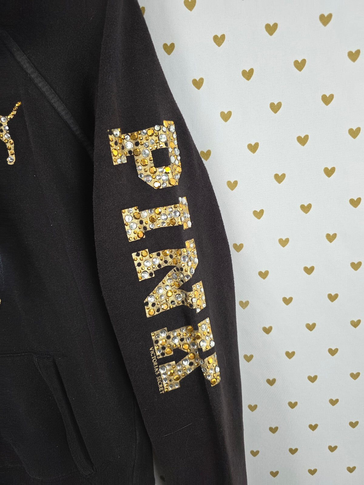 Victorias Secret Pink Vintage peace Bling Gold Logo Y2k Full Zip Hoodie Jacket S