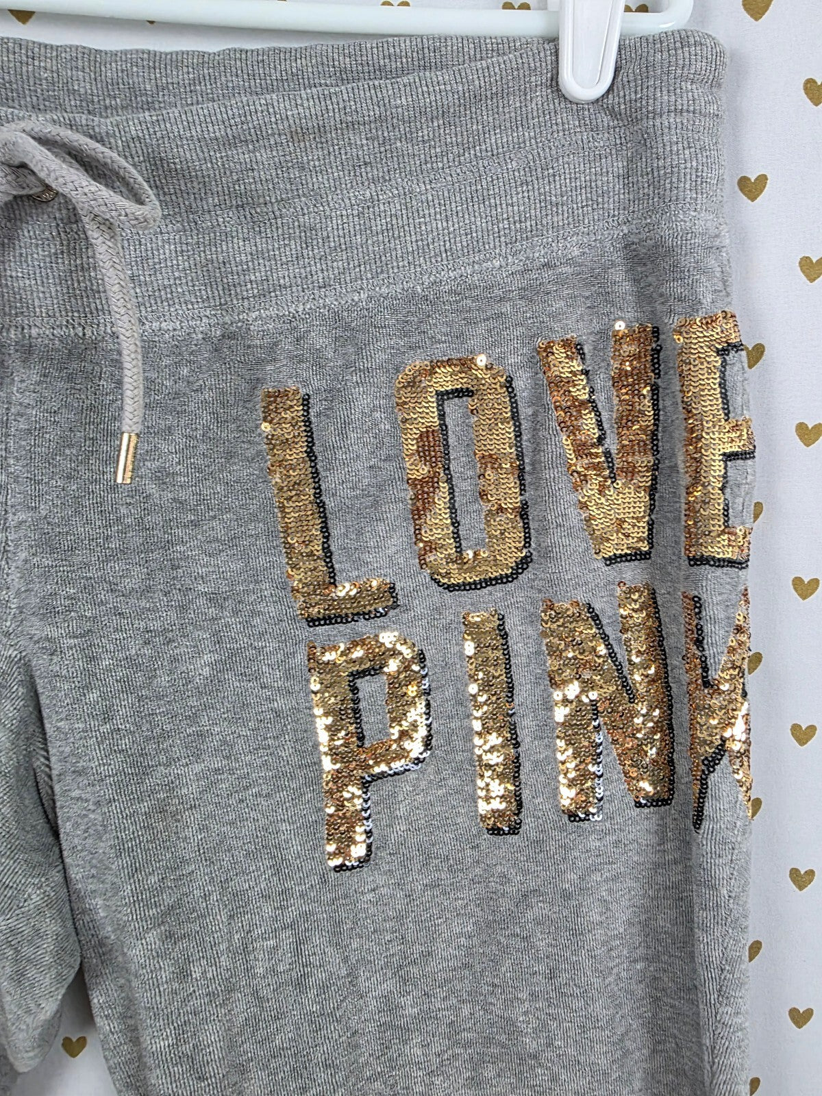 Victorias Secret PINK Vintage Velour Sweats Sweatpants BLING logo Grey Sequined