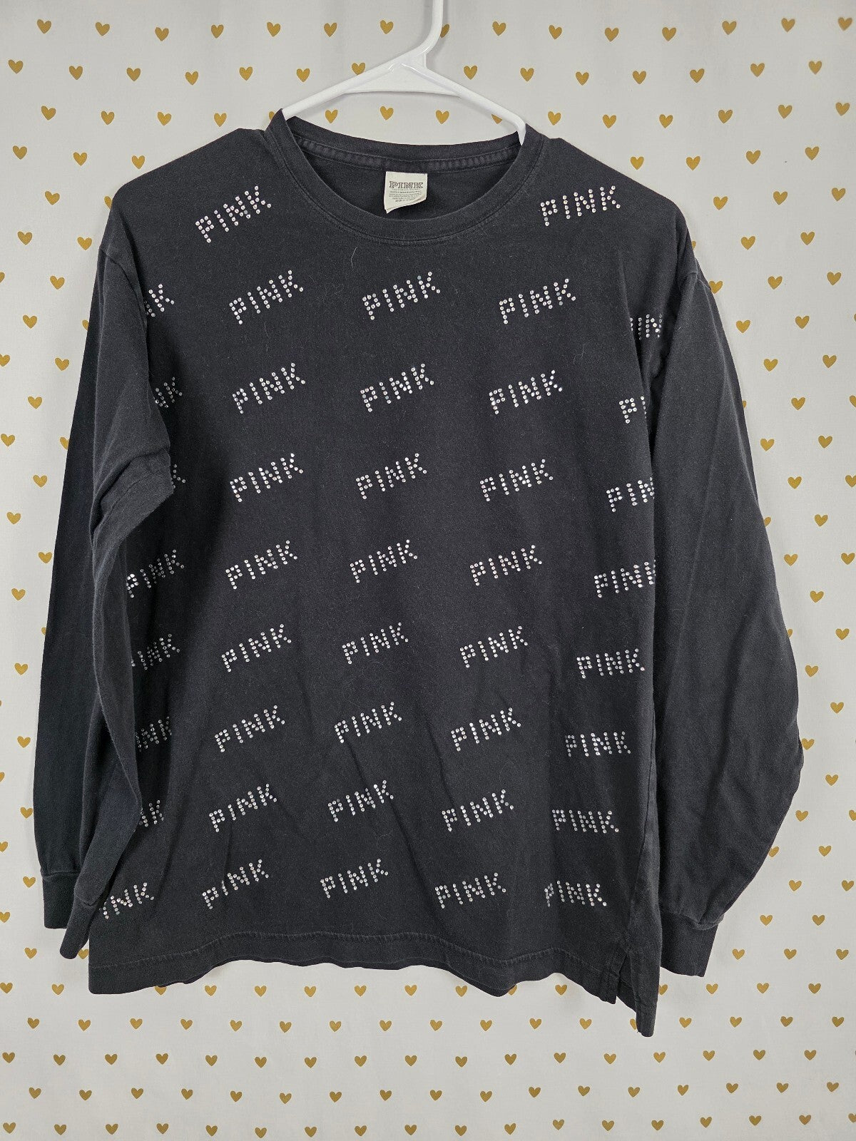 Victorias Secret PINK Black Long Sleeve All over BLING logo Tee shirt XS