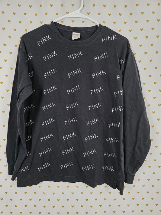 Victorias Secret PINK Black Long Sleeve All over BLING logo Tee shirt XS