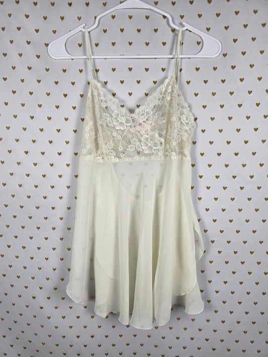 Vintage 1999 Victoria's Secret Ivory Lace Open Back Babydoll Chemise M Y2K