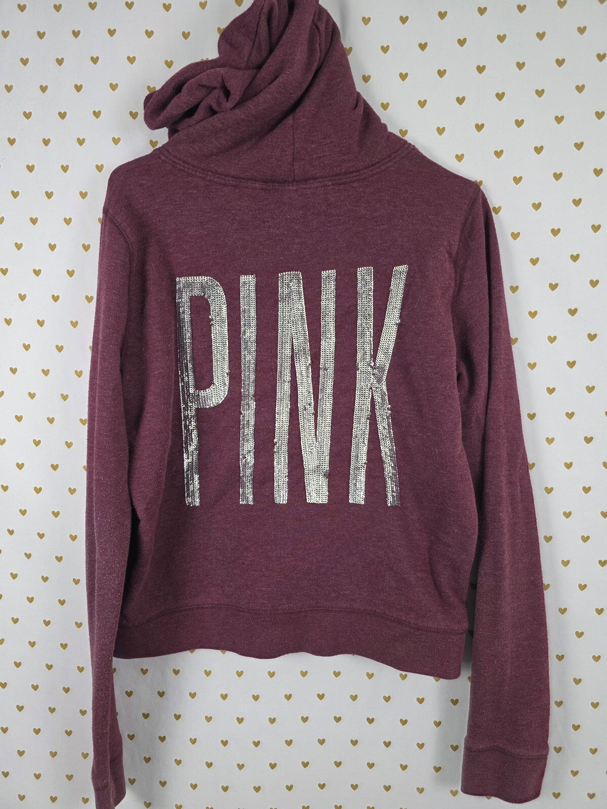 Victorias Secret Pink maroon Full zip Sequined Hoodie Jacket Logo Large
