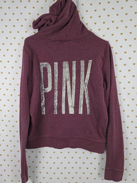 Victorias Secret Pink maroon Full zip Sequined Hoodie Jacket Logo Large