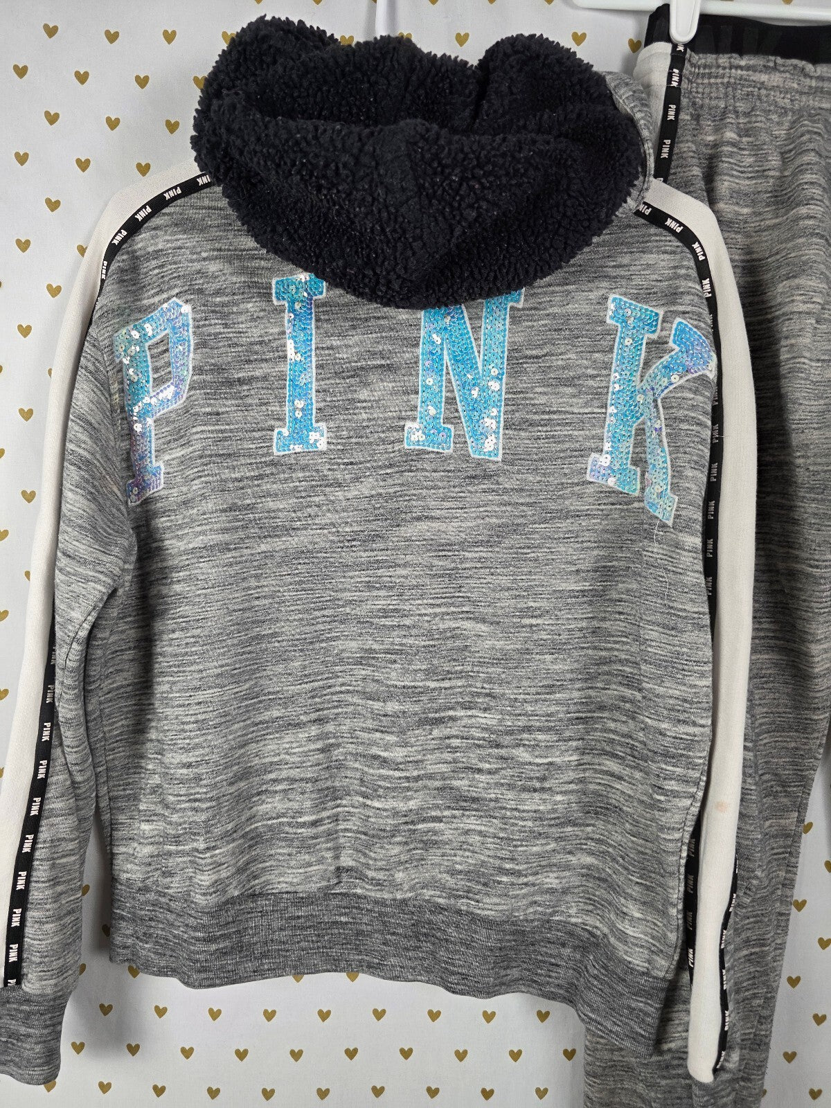 Victorias Secret Pink MERMAID BLING Set 2pc Hoodie Sweats sweatpants SMALL Grey