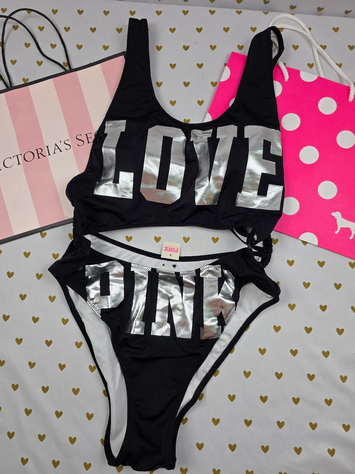 NWT Victoria's Secret PINK LOVE Silver Foil Bikini Swimsuit MONOKINI  Medium