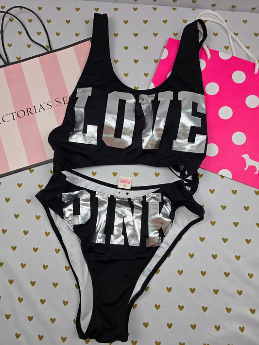 NWT Victoria's Secret PINK LOVE Silver Foil Bikini Swimsuit MONOKINI  Medium