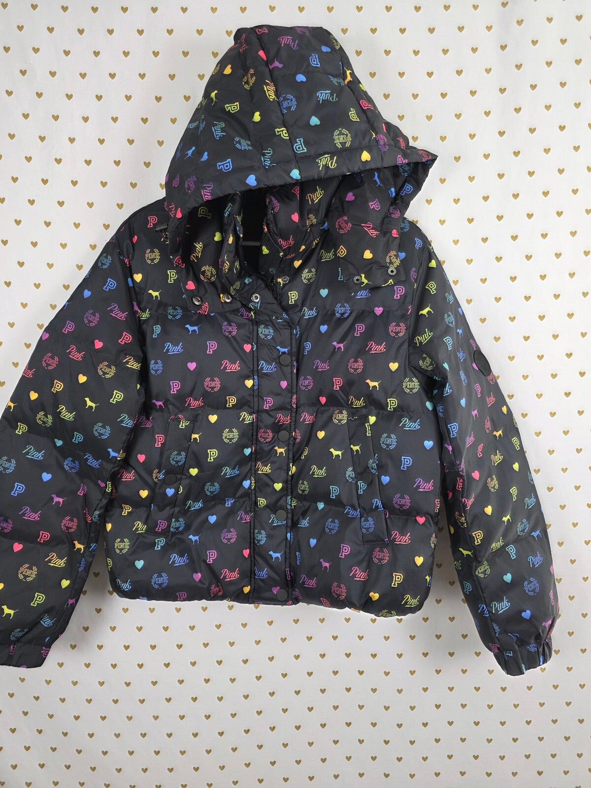 RARE Victoria’s Secret PINK Rainbow Logo Puffer Jacket Hooded Small Black