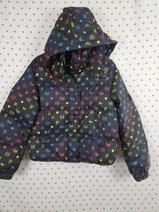 RARE Victoria’s Secret PINK Rainbow Logo Puffer Jacket Hooded Small Black