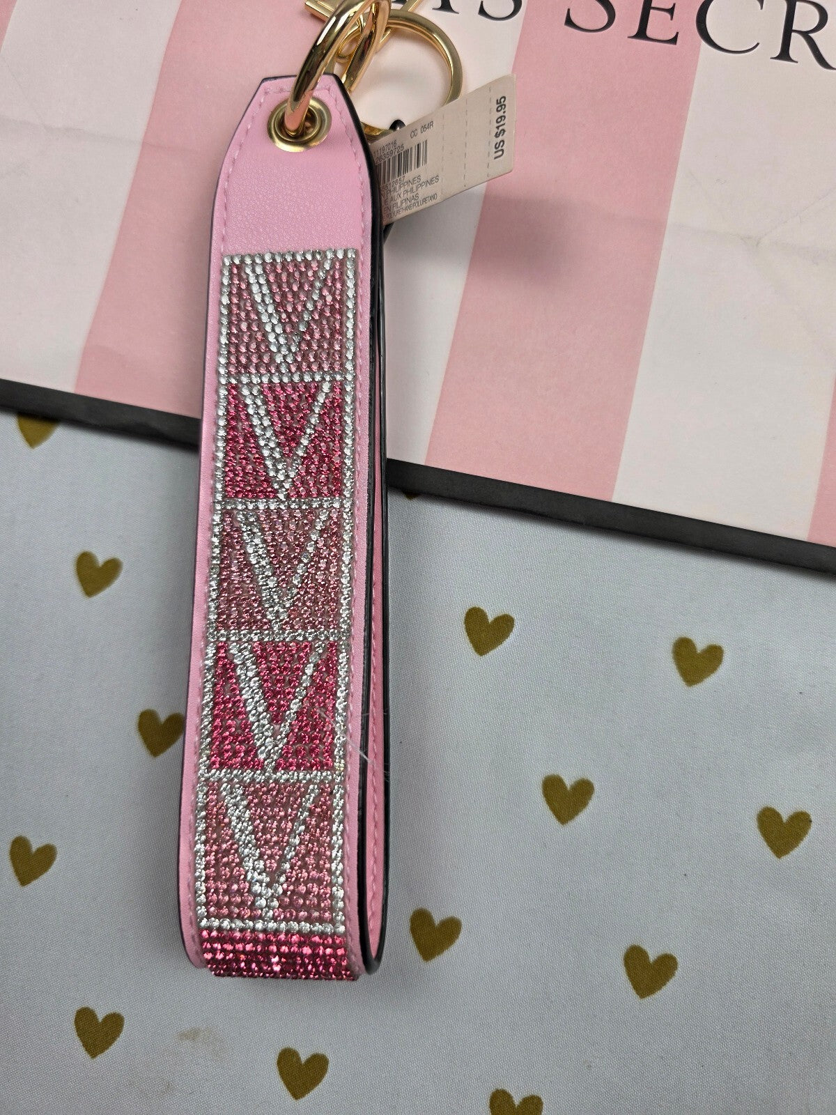 Victoria Secret BLING wristlet strap keychain Logo Studded Handle Rhinestone NEW