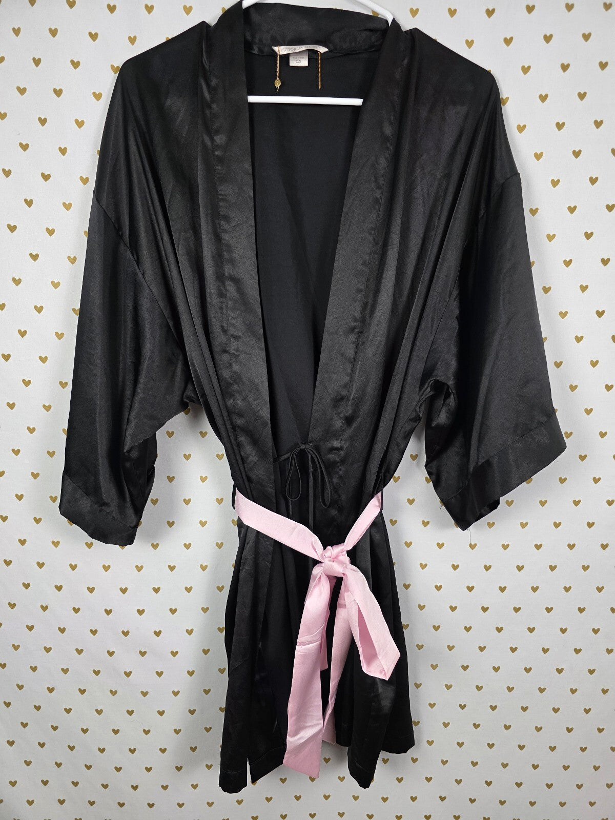 Victorias Secret Satin Silky Robe Black Kimono Lounger One Size fits all