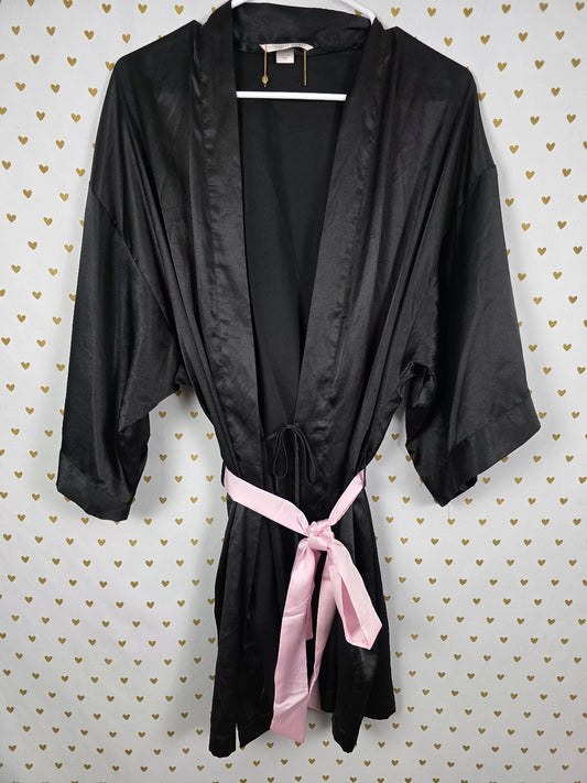 Victorias Secret Satin Silky Robe Black Kimono Lounger One Size fits all