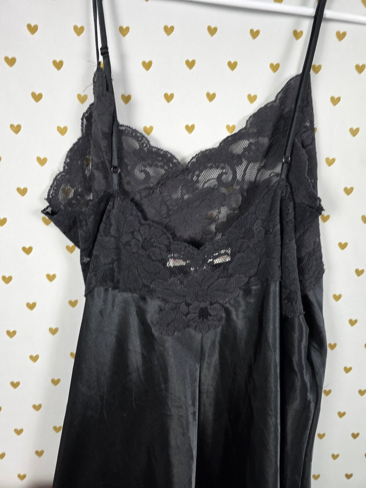 Victoria's Secret Black Satin Lace Maxi Nightgown Slip Gown L Vintage Heart