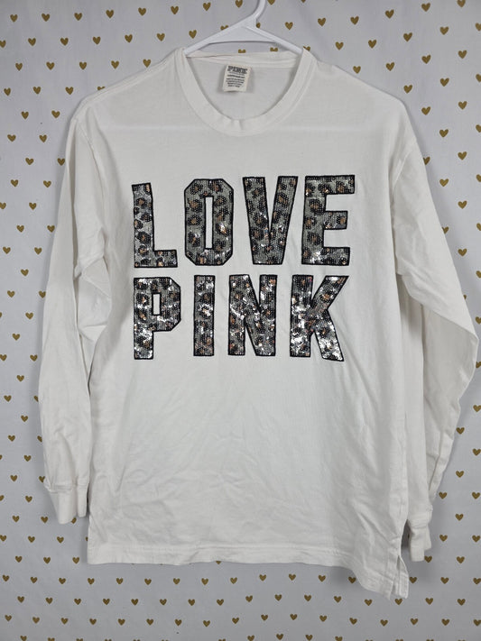 Victorias Secret PINK BLING Cheetah Leopard Long Sleeve white Tee shirt XS