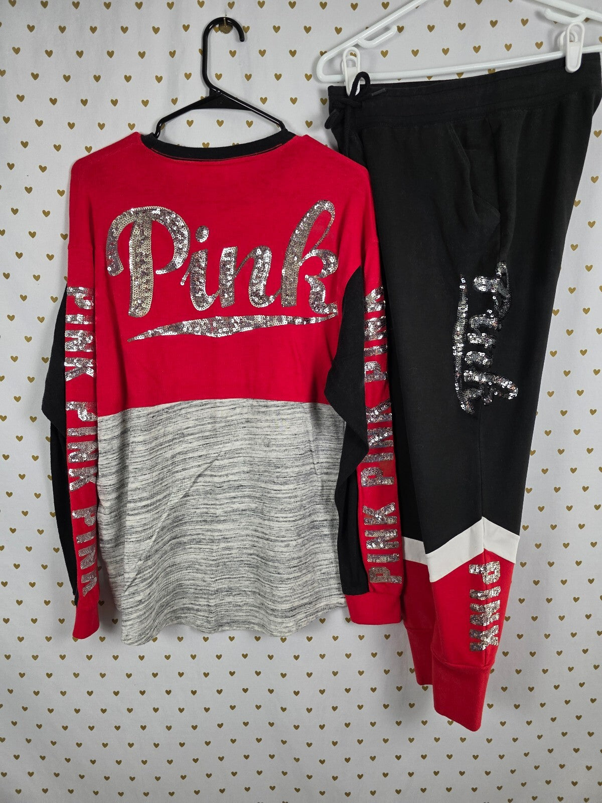 VS PINK BLING Sequin Jogger Sweatpants Shirt Set M S Red Black Gray Rare