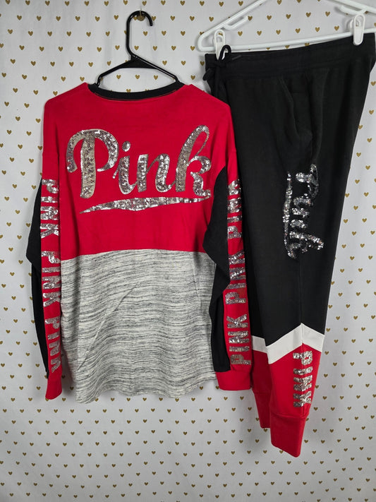 VS PINK BLING Sequin Jogger Sweatpants Shirt Set M S Red Black Gray Rare