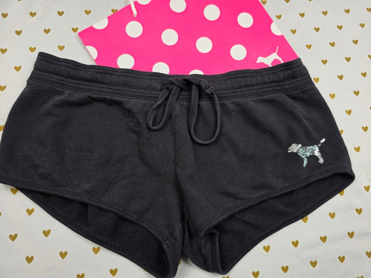 Victoria's Secret PINK Sequin Logo Shorts Black SMALL zebra Bling Lounge Y2K