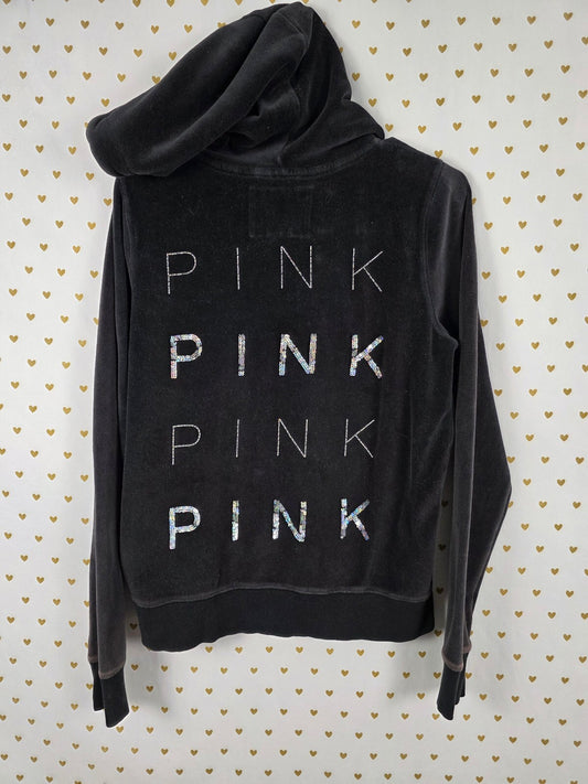 Victorias Secret Pink Velour BLING Studded Black Full Zip Hoodie Jacket LARGE