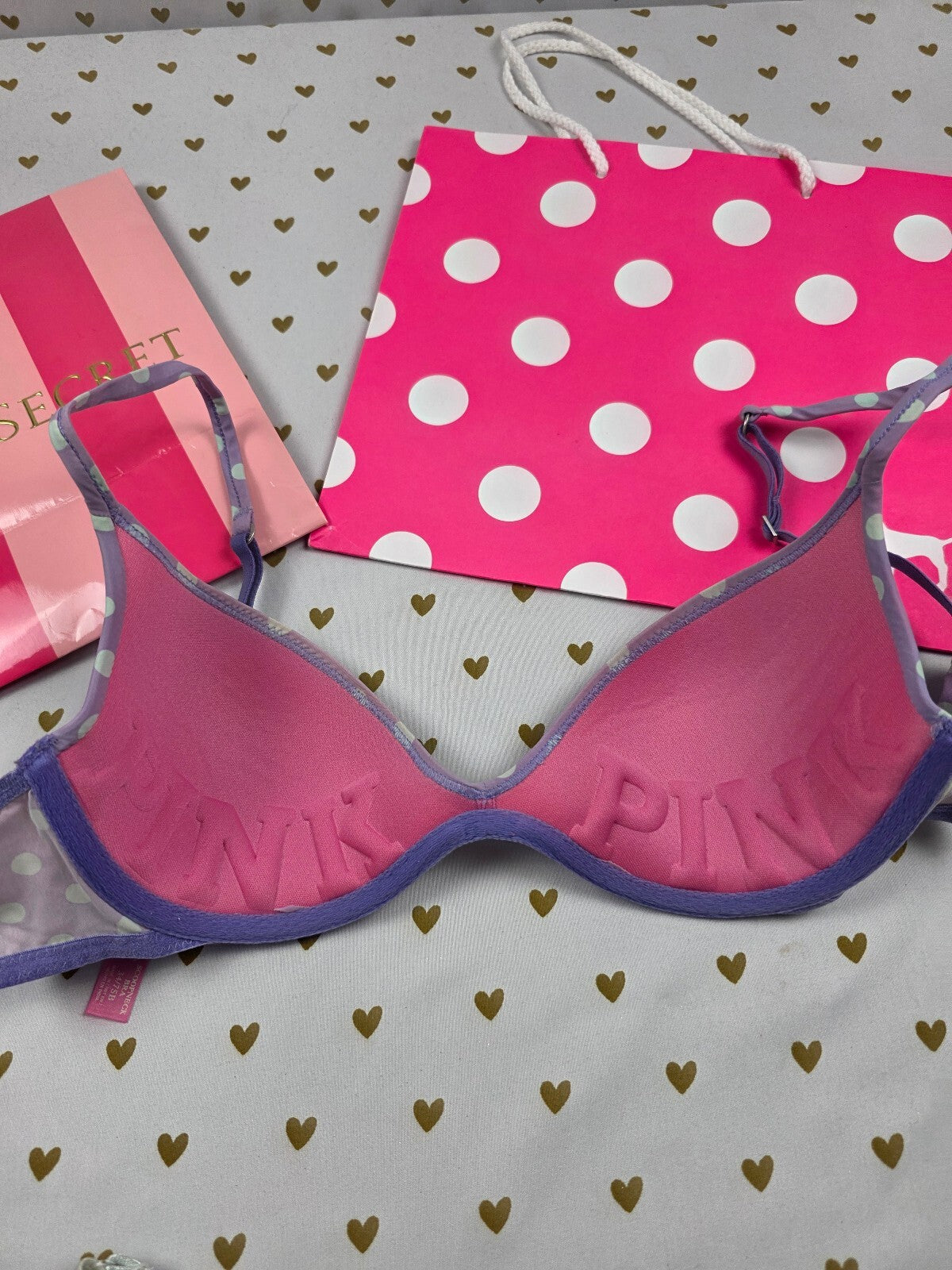 Victorias Secret Pink Vintage Polka Dot Purple Scoopneck Bra 34B