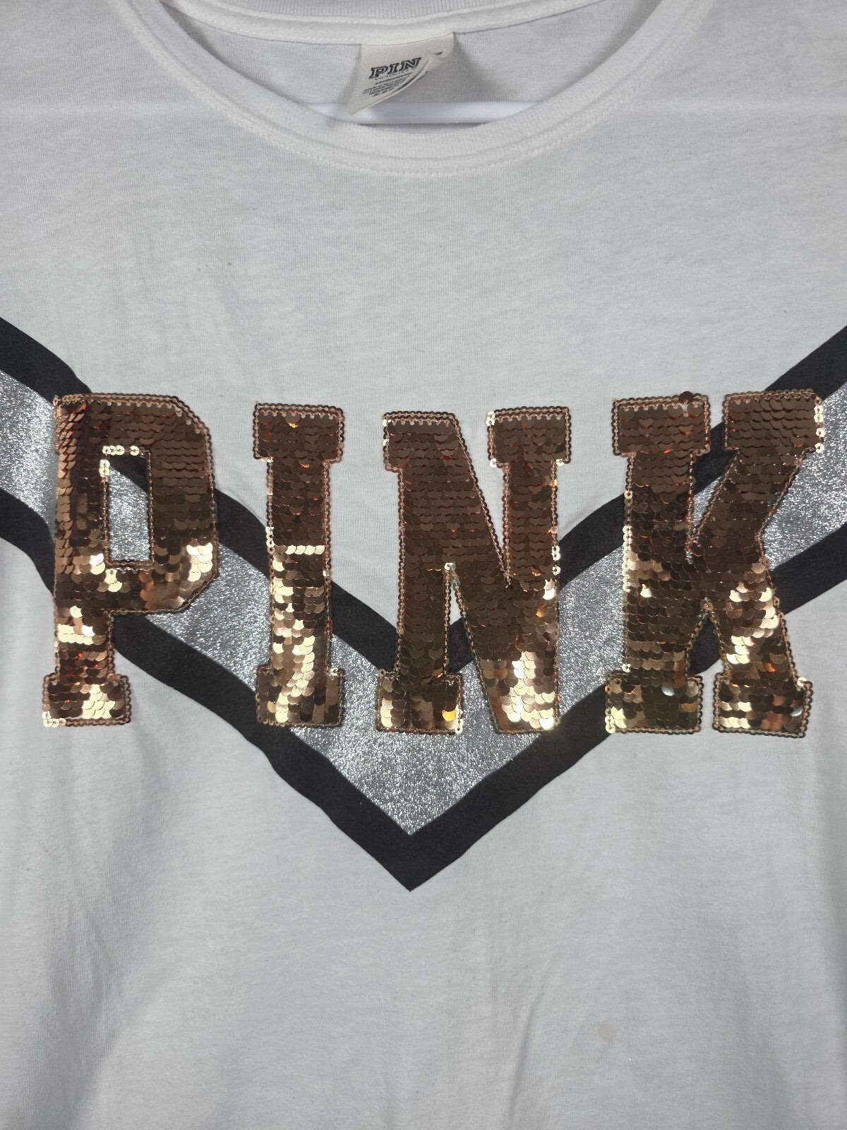 Victorias Secret PINK Small gold Bling Tee shirt White Sequined